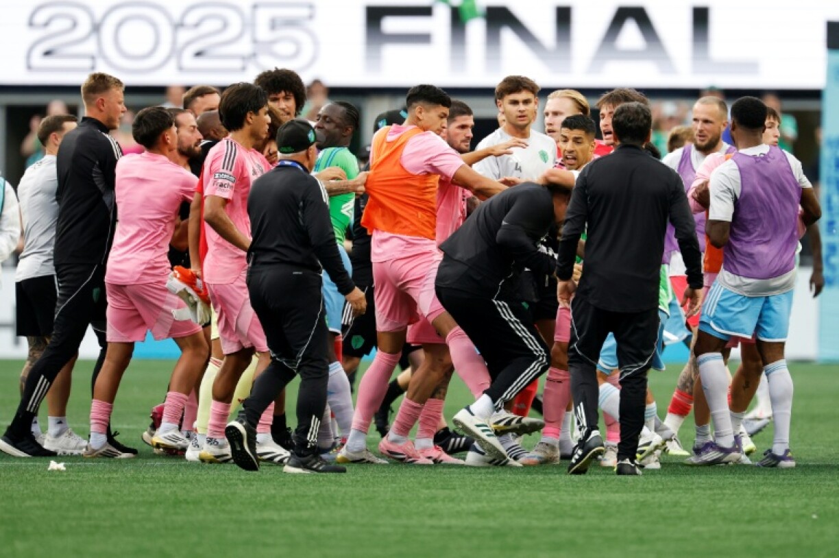 Inter Miami and Seattle Sounders players scuffle after Seattle's victory in the Leagues Cup final