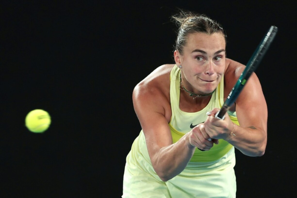 Power game: Aryna Sabalenka rips a shot against Paula Badosa during their semi-final