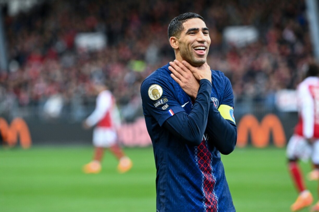Achraf Hakimi celebrates after scoring his second goal against Brest