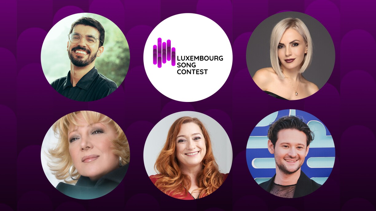 All jury members of LSC from top left going across: Diogo Fernandes, Poli Genova, Marie Myriam, Niamh Kavanagh, Eldar Gasimov.
