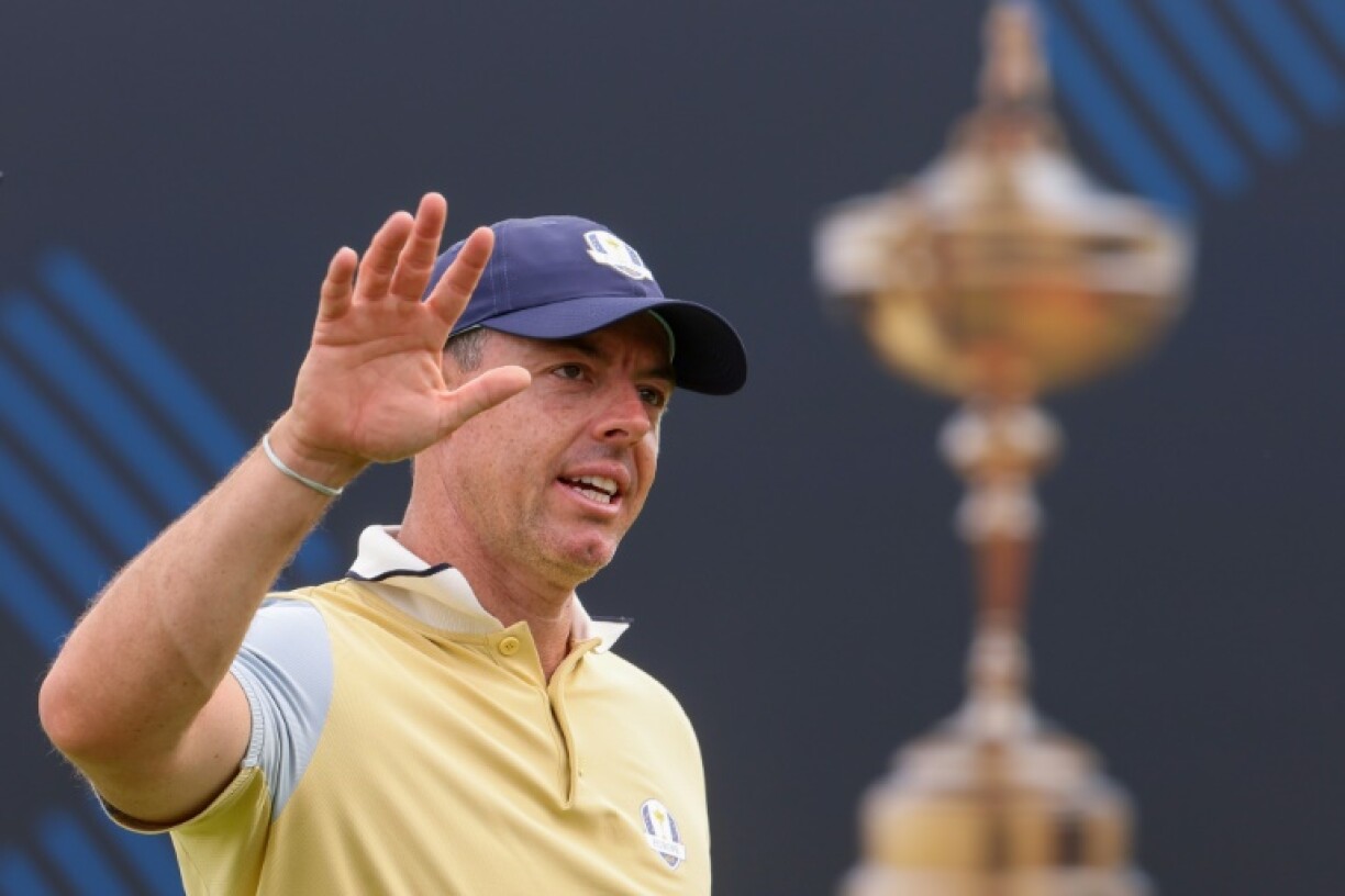 Europe star Rory McIlroy waves to the crowd during a practice round for the 45th Ryder Cup at Bethpage Black