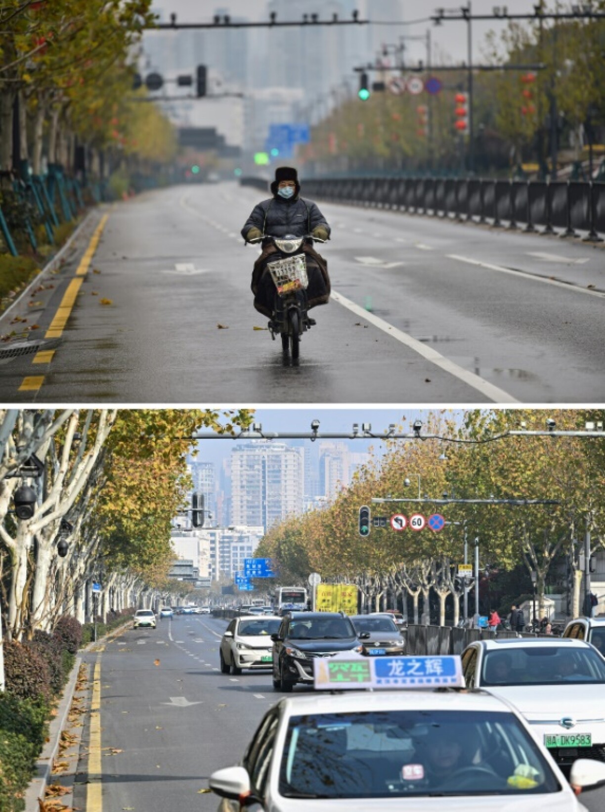 A man wearing a protective face mask (top) rides a motorbike on a largely deserted street in Wuhan on January 26, 2020, while an image taken in December (below) shows the traffic returned to normal