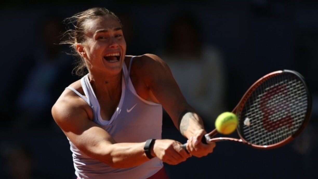 La Bélarusse Aryna Sabalenka pendant son match contre la Grecque Maria Sallari, le 4 mai 2023 au tournoi WTA de Madrid