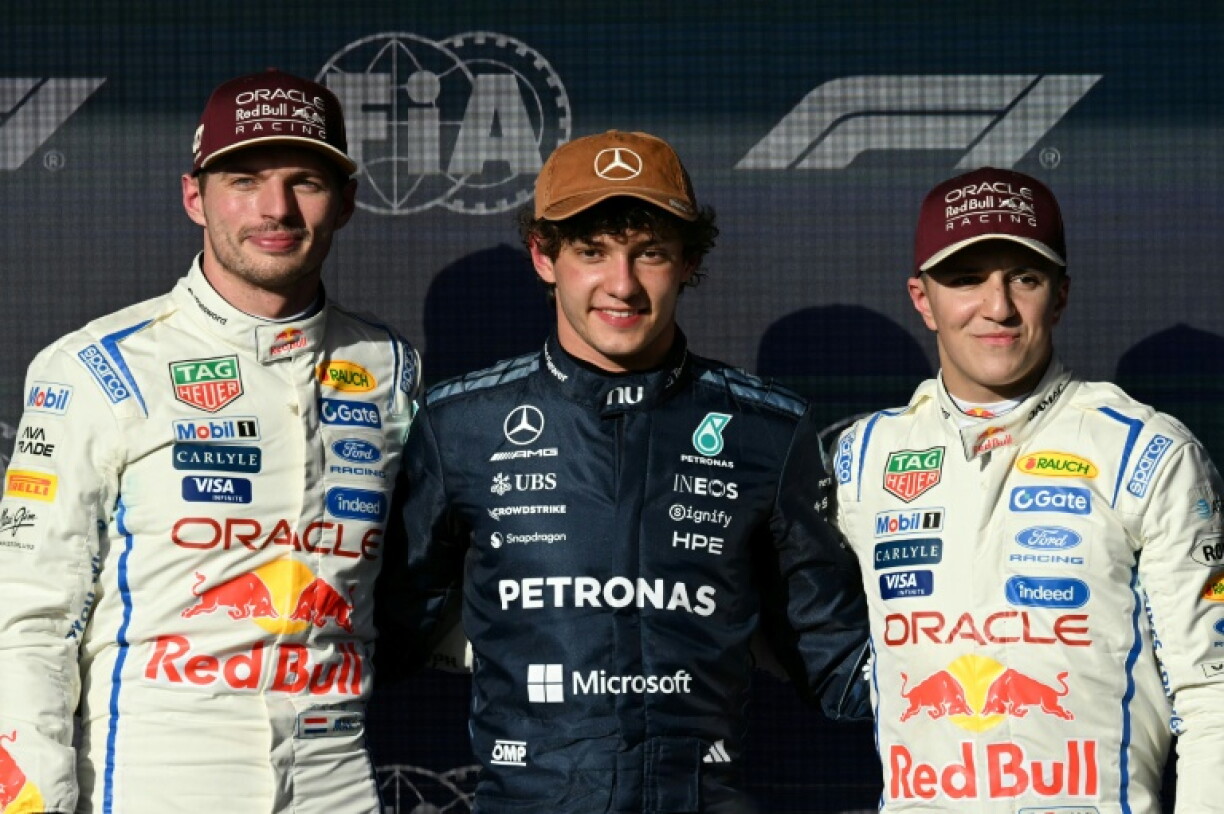 Kimi Antonelli (C) celebrates winning pole position for the US Grand Prix and could win the drivers' championship on Sunday