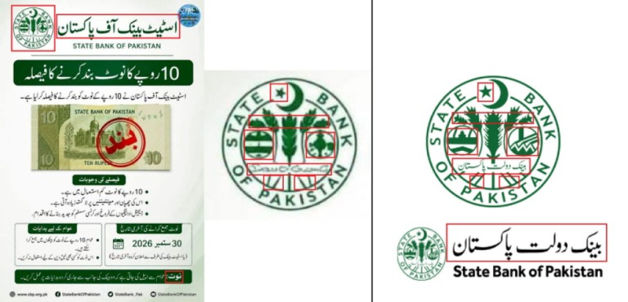 Screenshot comparison of the fabricated SBP graphic (L) and the central bank's official logo and name in Urdu, with inconsistencies highlighted in red by AFP