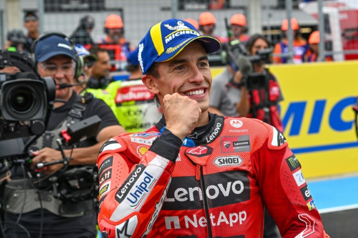 Marc Marquez celebrates his victory after the Sprint race at the Hungarian MotoGP