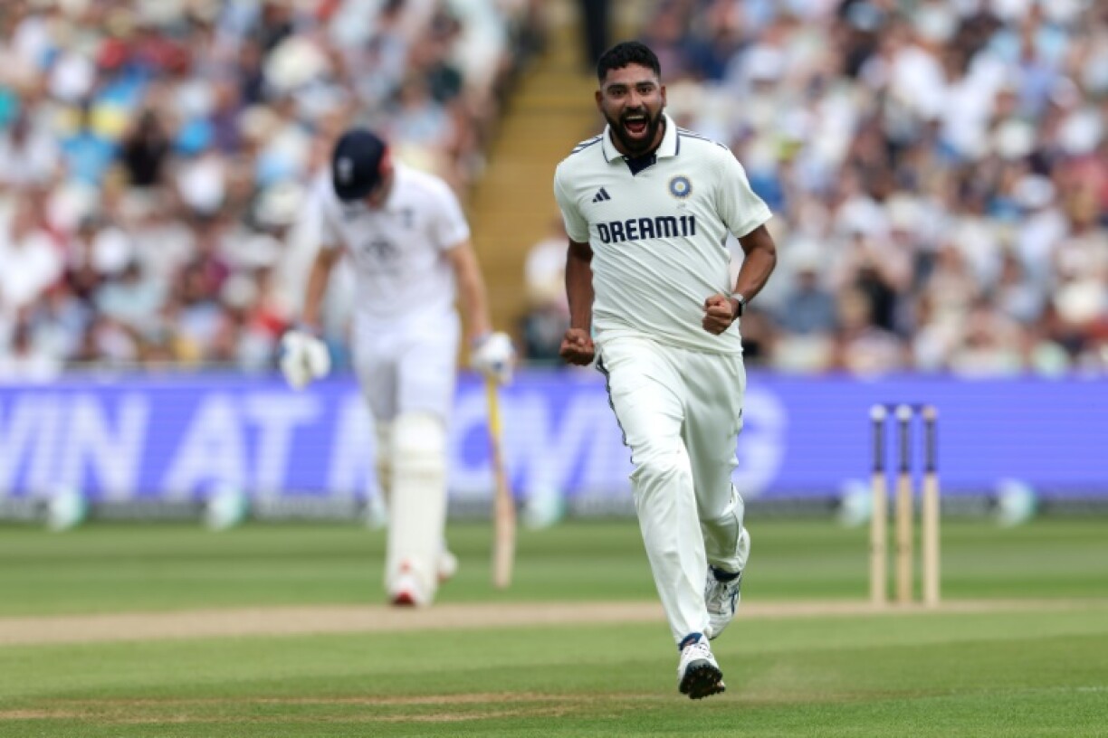 India's Mohammed Siraj celebrates dismissing England captain Ben Stokes for 0 in the second Test at Edgbaston