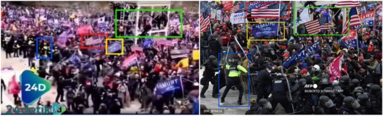 Screenshot comparison of falsely shared video (L) and an AFP photo taken on January 6, 2021, with similar elements highlighted by AFP