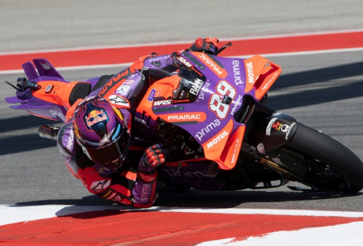 Le pilote espagnol Jorge Martin (Ducati-Pramac) lors du GP des Amériques MotoGP sur le circuit d'Austin (Texas) le 13 avril 2024.