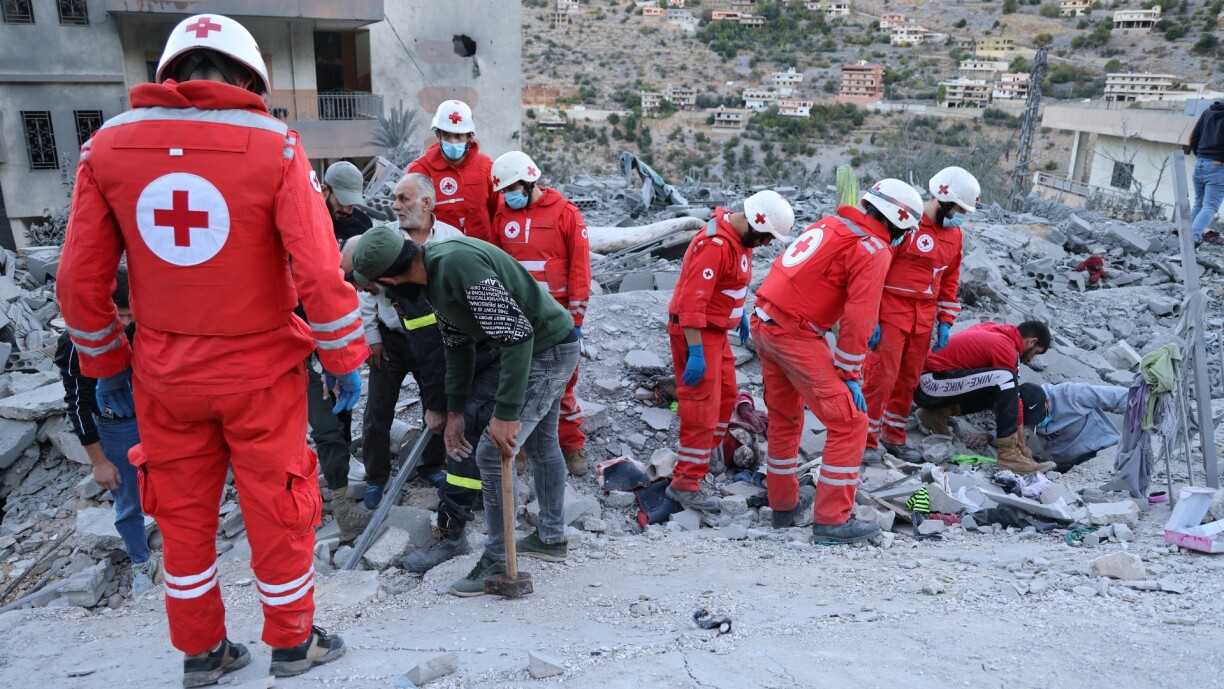 Lebanese Red Cross teams conducted search and rescue operations in the rubble of collapsed buildings following an Israeli army attack in Nabatieh province of southern Lebanon on 27 September.