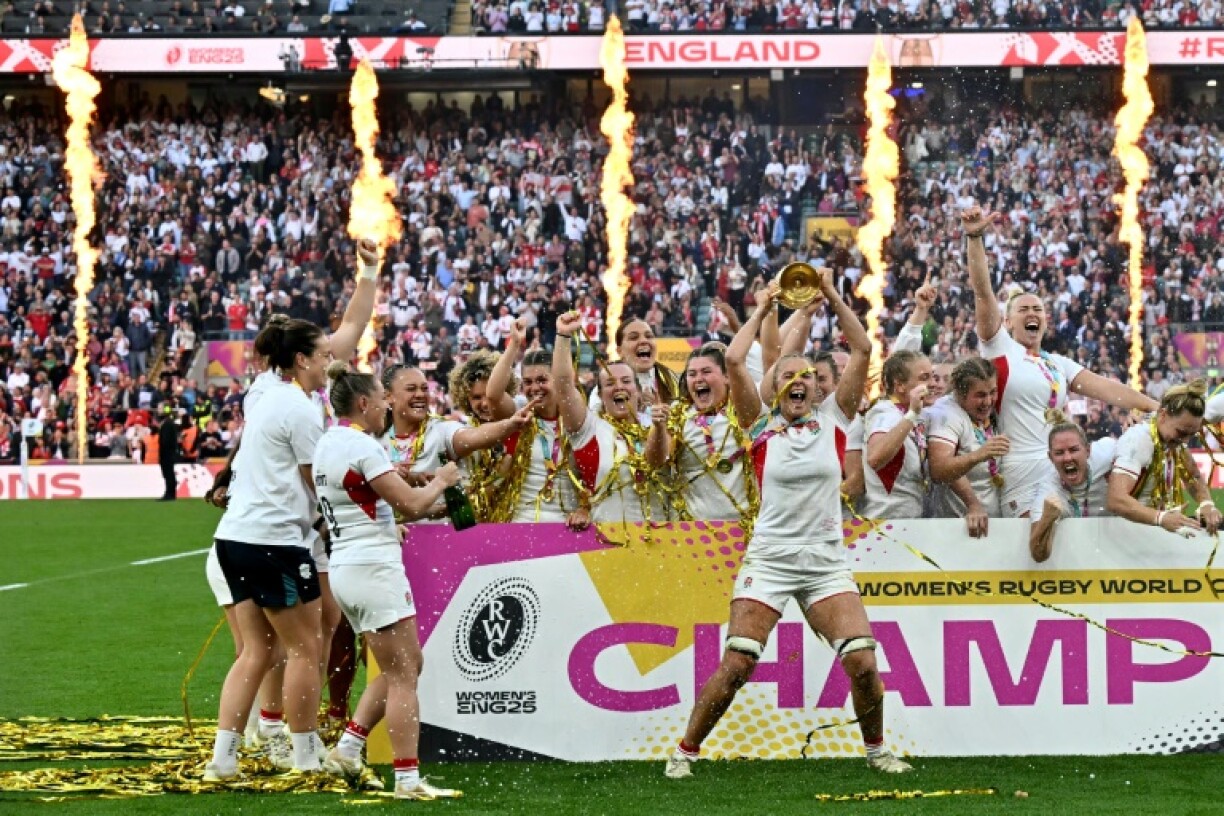 England captain Zoe Aldcroft lifts the Women’s Rugby World Cup trophy after a 33-13 win over Canada in the final at Twickenham