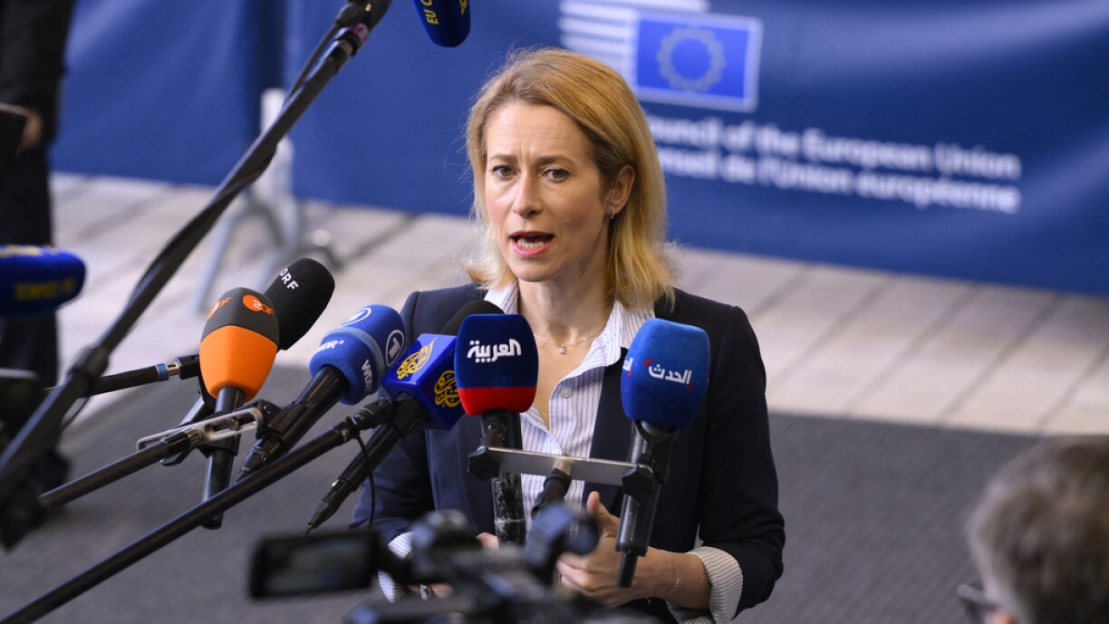 EU High Representative and Vice-President for Foreign Affairs and Security Policy Kaja Kallas speaks to the press as she arrives for a European Union Foreign Affairs Council meeting at the European Convention Center Luxembourg (ECCL) in Luxembourg City on April 14, 2025.