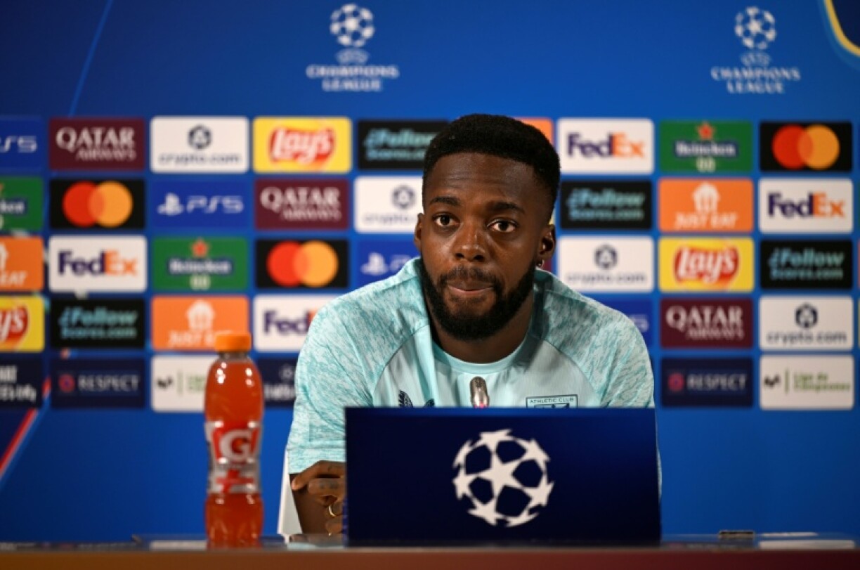Athletic Bilbao's Ghanaian forward Inaki Williams gives a press conference ahead of the Champions League clash with Arsenal