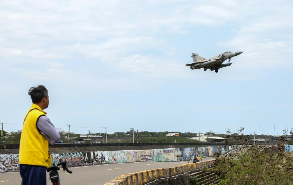 A Taiwan Air Force Mirage 2000 fighter jets prepares to land at the Hsinchu Airbase in Hsinchu on April 2, 2025. The Chinese military announced new exercises on April 2, in sensitive waters near Taiwan, in a second consecutive day of drills around the self-ruled island it claims as its own.