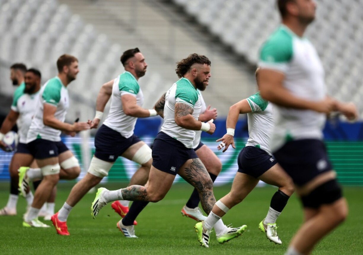 Les rugbymen irlandais à l'entraînement, le 13 octobre 2023 au Stade de France, à la veille de leur quart de finale contre la Nouvelle-Zélande
