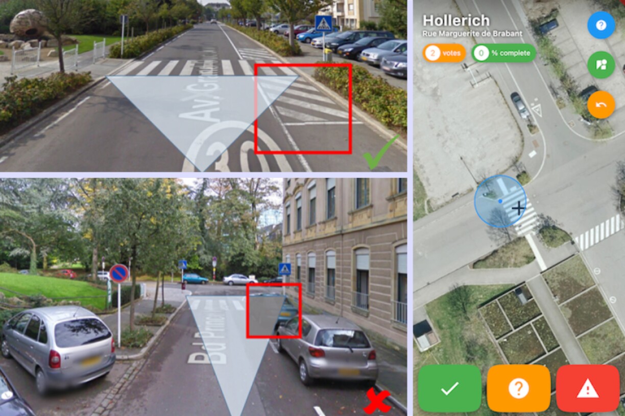 Left: Impact of reduced field of vision. Right: screenshot from app analysing a pedestrian crossing.