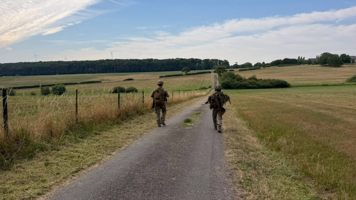 Zwee Zaldoten a Richtung Bettenduerf, fir ze kontrolléieren, ob d'Bréck "zerstéiert" ass. All dat Deel vun engem fiktiven Zenario.