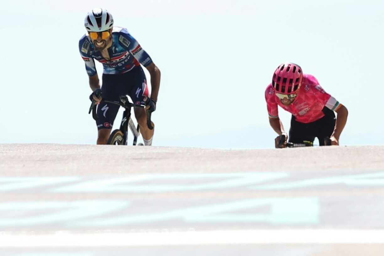 French rider Valentin Paret-Peintre (L) pipped Irish rider Ben Healy to the top of Mont Ventoux