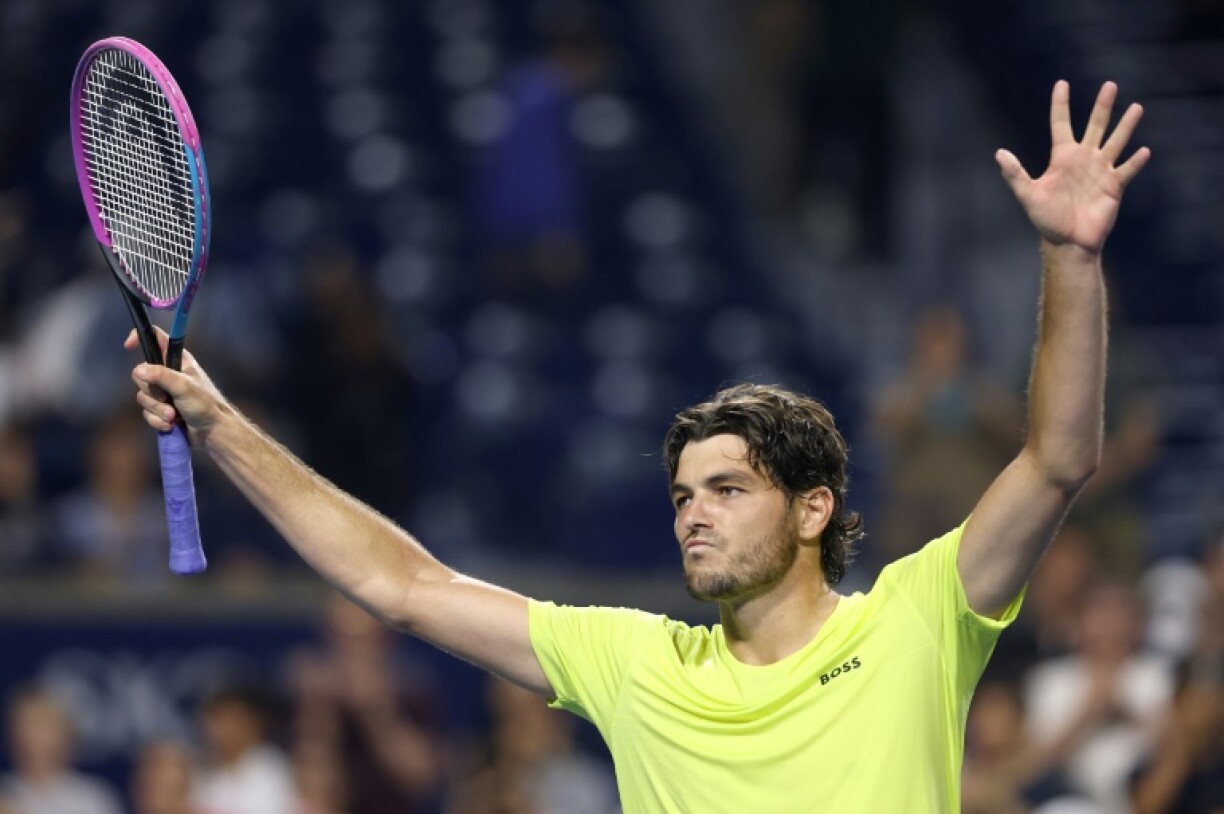 US second seed Taylor Fritz celebrates a three-set victory over Czech Jiri Lehecka that advanced him to the quarter-finals of the ATP Canadian Open