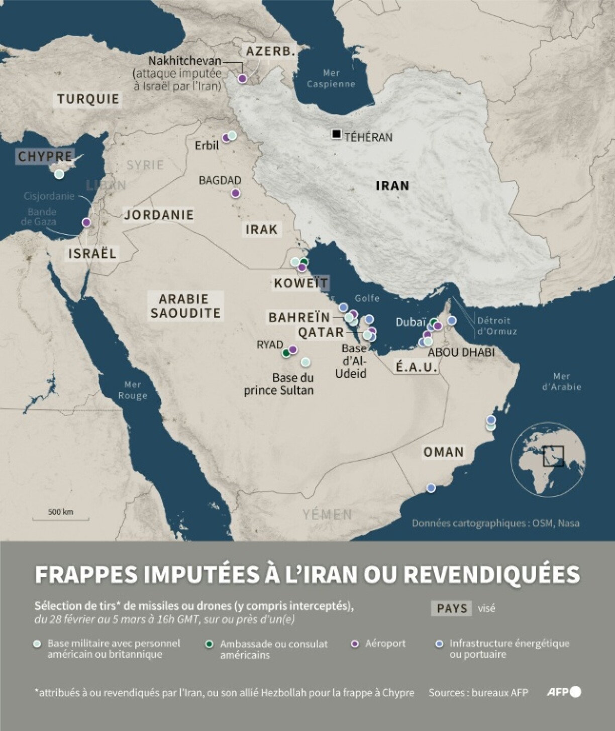 Carte montrant les frappes imputées à l'Iran ou revendiquées par ce pays sur des sites stratégiques au Moyen-Orient (base militaire, ambassade ou consulat américains, aéroport, infrastructure énergétique ou portuaire) du 28 février au 5 mars à 16h00 GMT (recensement non exhaustif basé sur les informations des bureaux AFP)