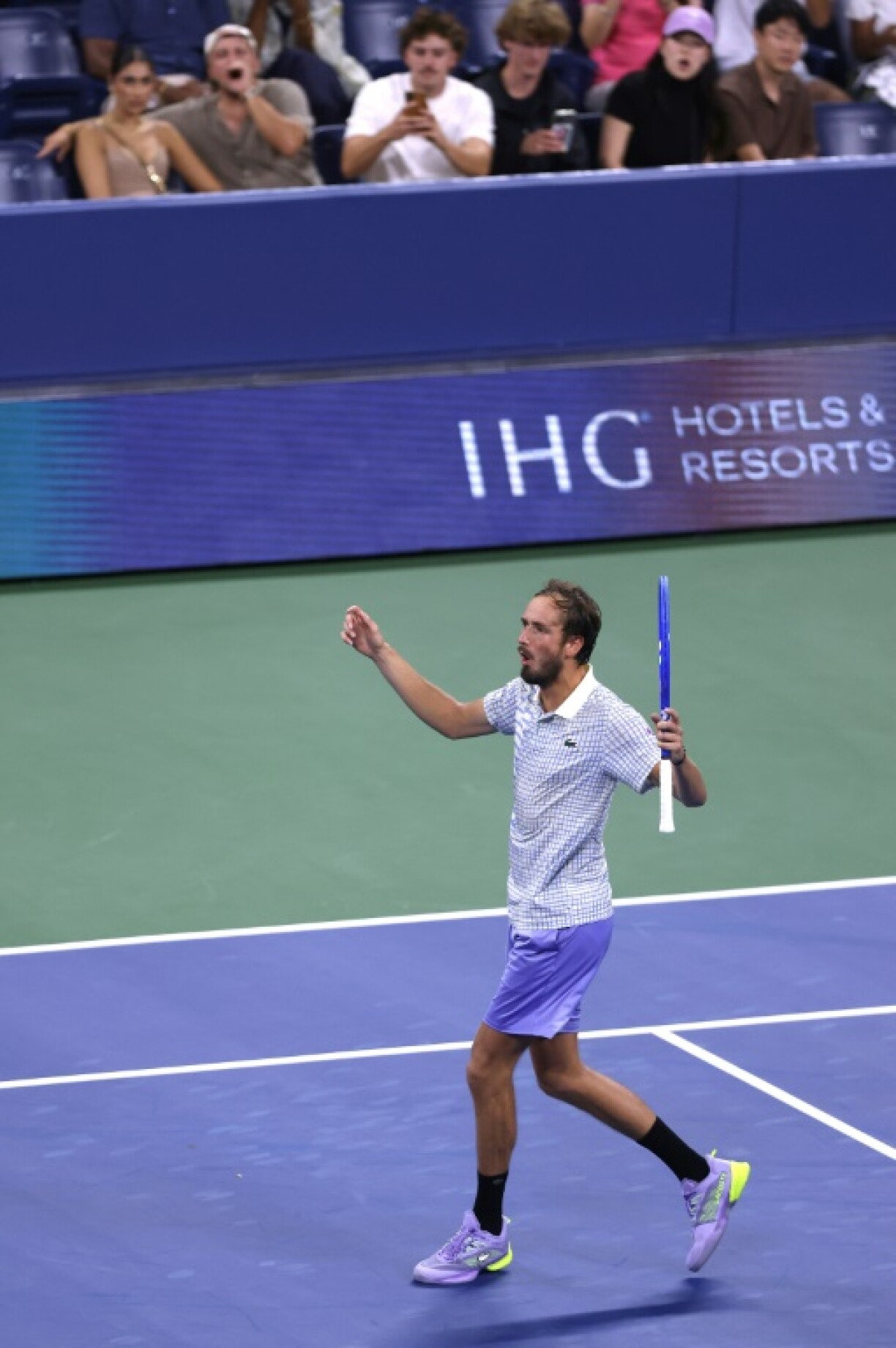 Daniil Medvedev protests a controversial call in his US Open defeat to France's Benjamin Bonzi