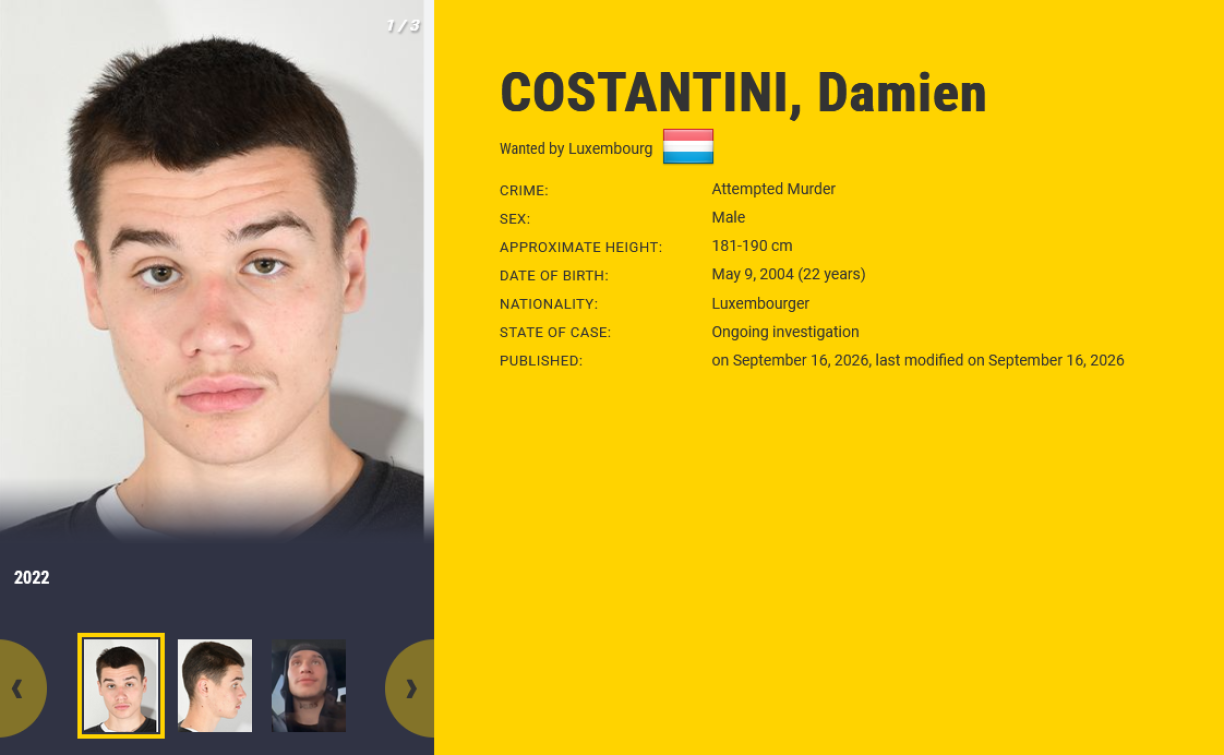 Den Damien Costantini gëtt international gesicht wéinst versichtem Mord an Déifstall.