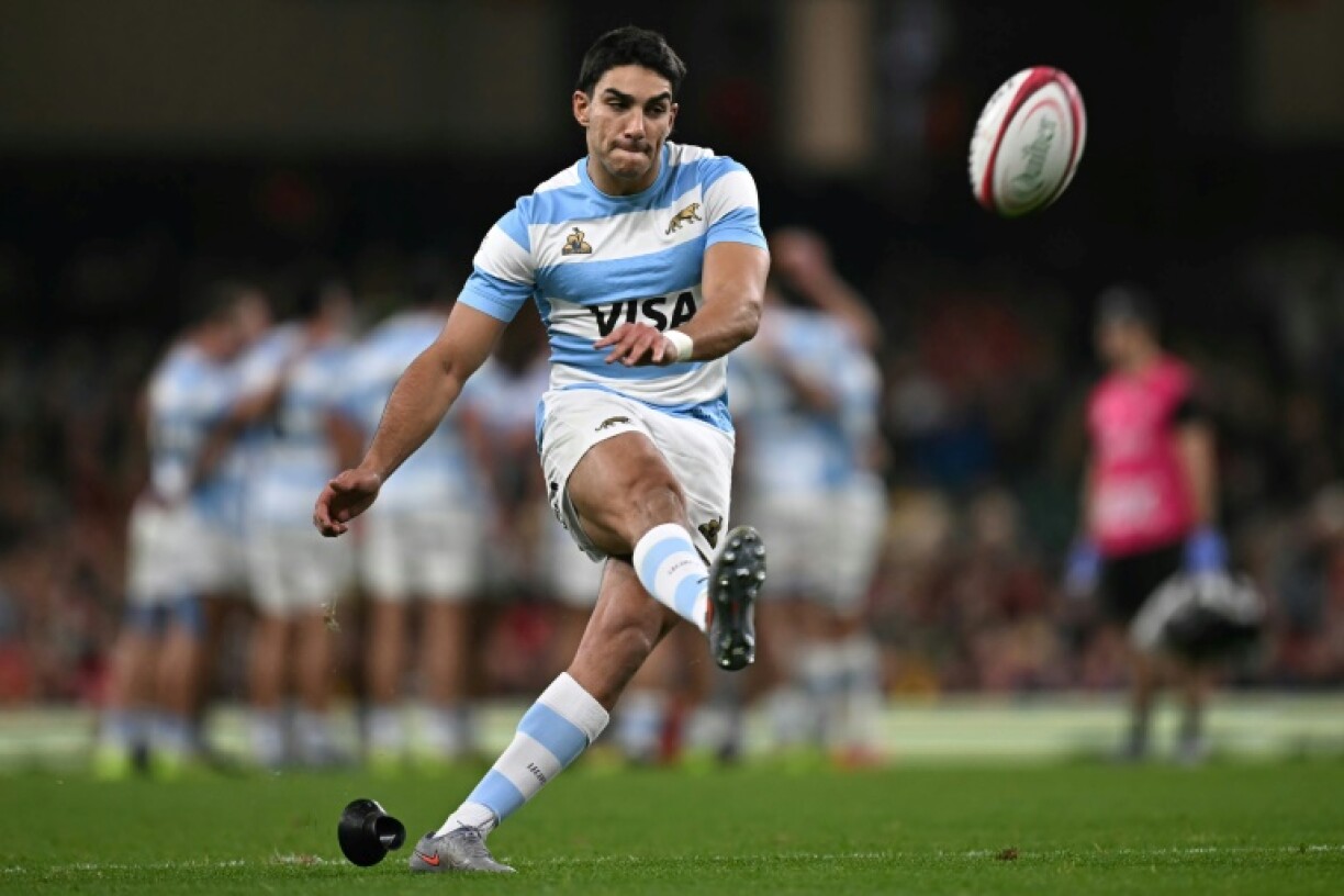 Santiago Carreras kicks a conversion during Argentina's 52-28 win over Wales in Cardiff