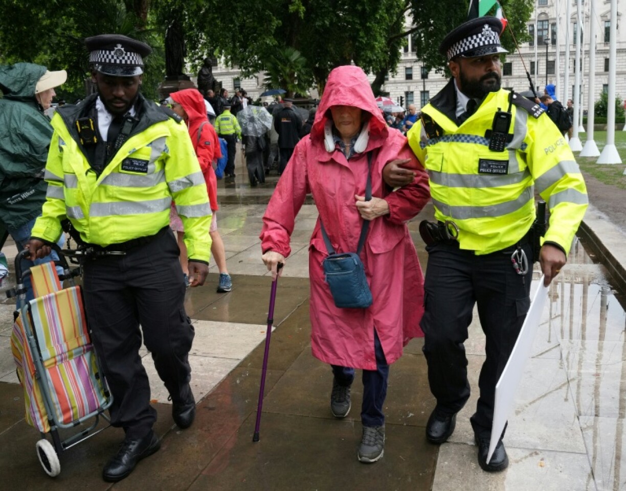 A protester using a walking stick is escorted away by police officers at a London demonstration in support of Palestine Action