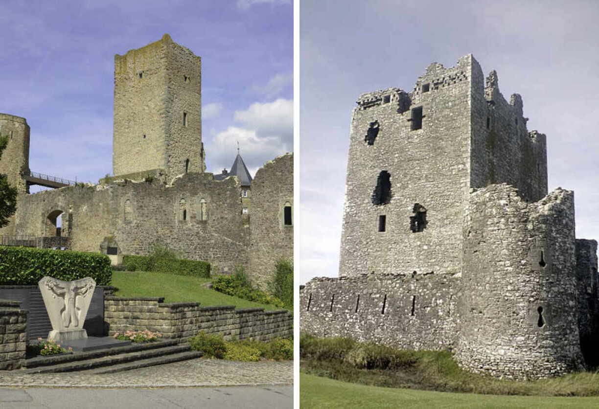Useldange castle on the left, Threave (Scotland) on the right.