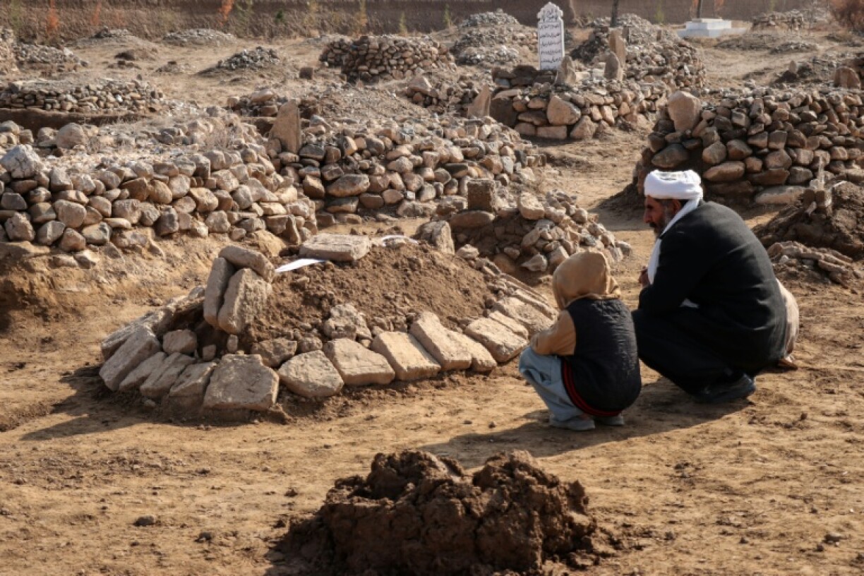 Gul Ahmad, à droite, devant la tombe de Habibullah dans le village de Ghunjan, en Afghanistan, le 26 décembre 2025