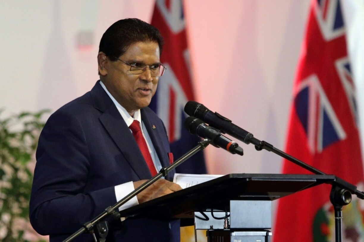 Suriname president Chan Santokhi, pictured in July 2022, is constitutionally eligible for a second term, but pollsters are not picking any favorites