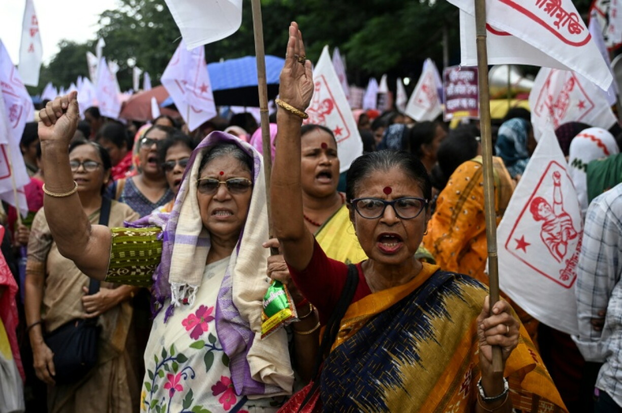 Demonstrators shout slogans against India's Chief Election Commissioner Gyanesh Kumar, demanding his resignation during a protest rally in Kolkata on September 25, 2026. The Election Commission of India (ECI) has been under scrutiny in recent months over the nationwide revision that has struck millions of names from voter lists since last year.