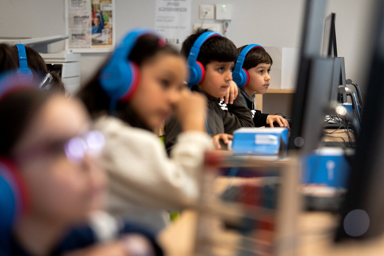 Pupils in a primary school class in France using AI for maths lessons on 14 March 2025.