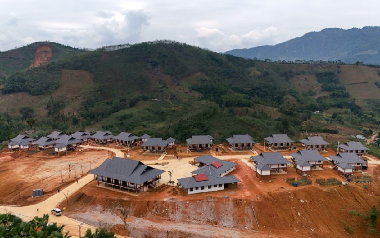An aerial photo showing a general view of recently built houses at the new site of Lang Nu village in Lao Cai province
