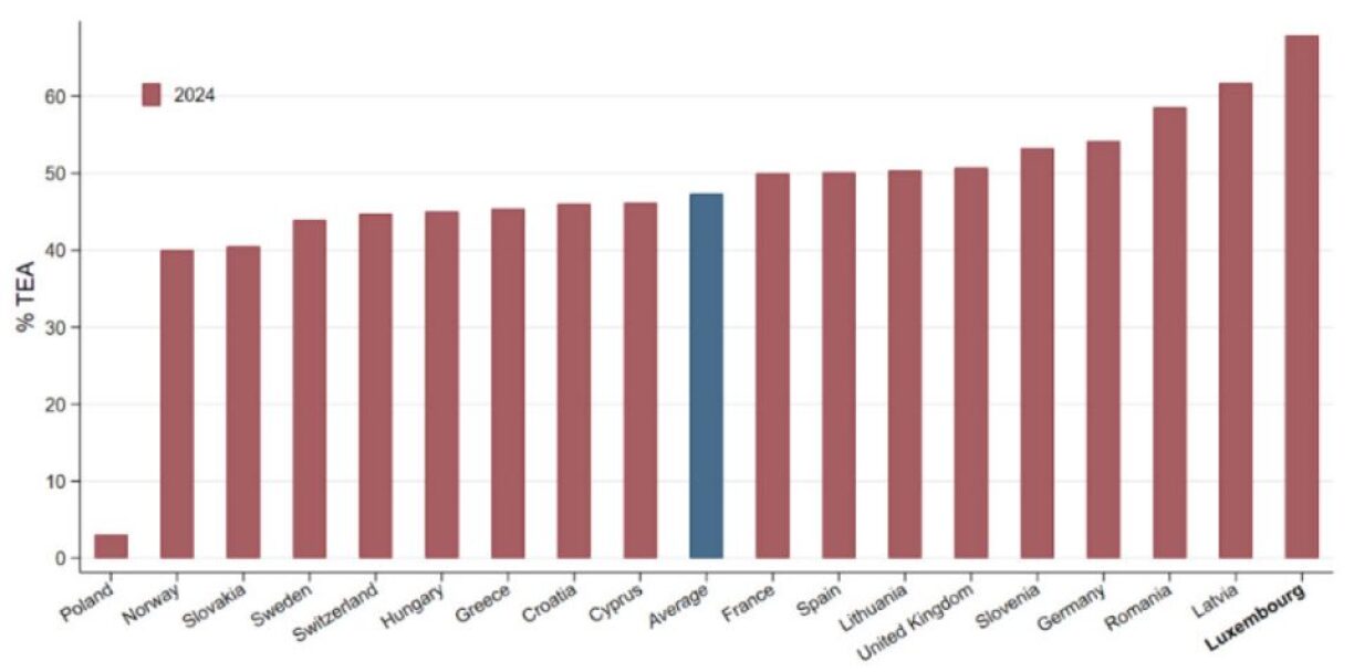 Source: GEM 2024 2025 - Share of entrepreneurs who declared that AI can improve productivity and efficiency of operations (% of TEA)