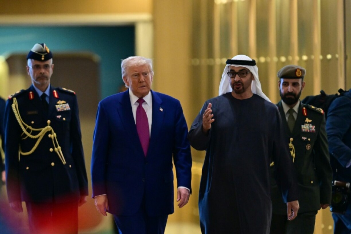United Arab Emirates President Sheikh Mohamed bin Zayed Al Nahyan (R) welcomes his US counterpart Donald Trump to Abu Dhabi on the third and final leg of a Gulf tour.