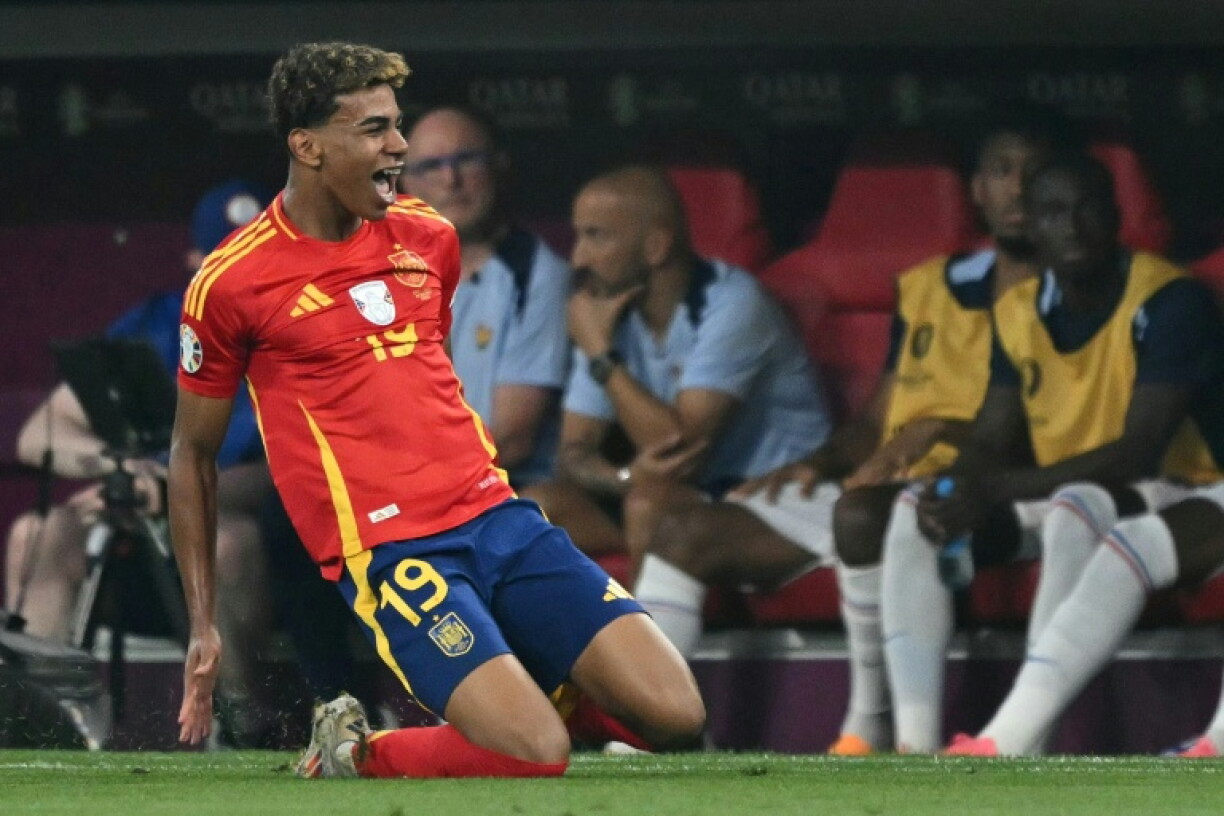 L'Espagnol Lamine Yamal fête son but contre la France, en demi-finale de l'Euro, le 9 juillet 2024 à Munich