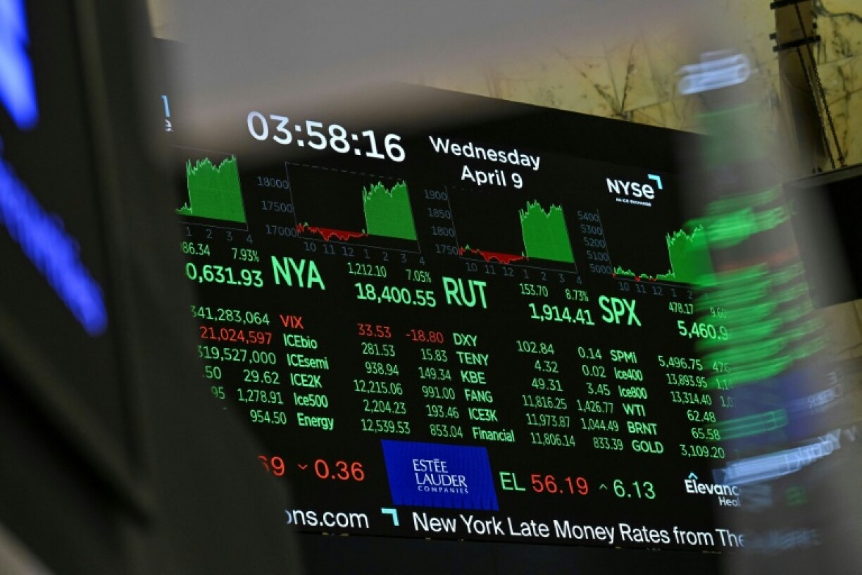A screen at the New York Stock Exchange (NYSE) features a sea of green, a reversal from the red of recent days as markets were pummeled