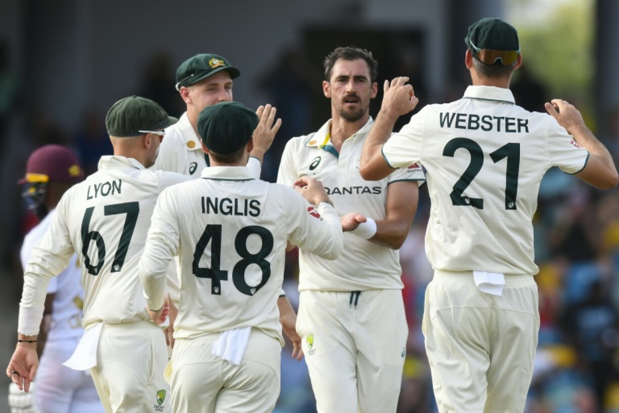 Mitchell Starc (C) removed both West Indies openers as Australia's bowlers brought the tourists right back into the first Test