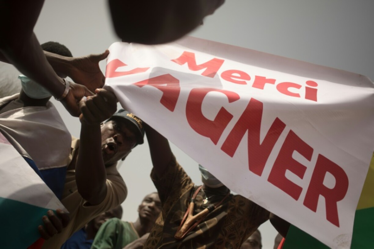 A pro-Wagner banner at a rally in 2022 celebrating France's military withdrawal from Mali