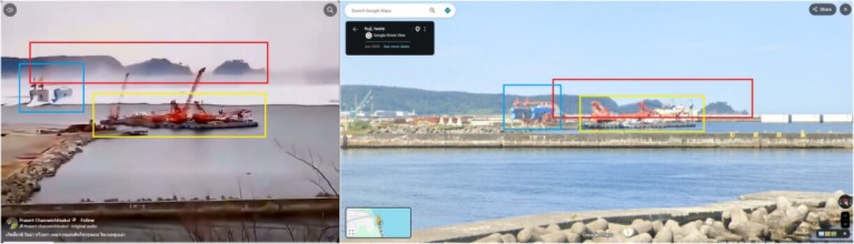 Screenshot comparison between the falsely shared video (left) and the Google Maps' streetview imagery of a port in Kuji, Iwate Prefecture, Japan, with highlights added by AFP