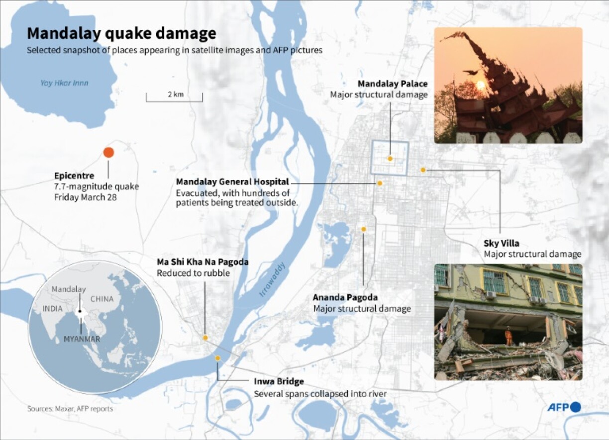 Map of Mandalay pin-pointing specific sites identified in photos, satellite images and reports of damage from the powerful March 28 earthquake