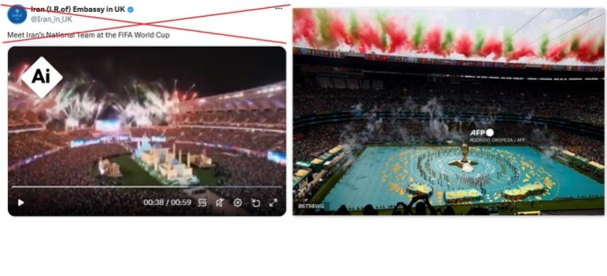 Comparison of screenshots of the AI-generated video and an AFP photo of the opening ceremony with the red X and the AI tag added by AFP