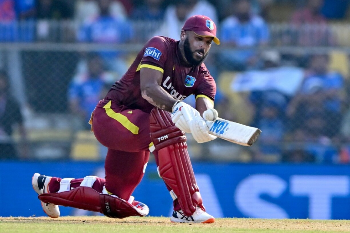 West Indies' John Campbell plays a shot during the second one-day international (ODI) cricket match between India and West Indies at the Barsapara Cricket Stadium in Guwahati on September 30, 2026.