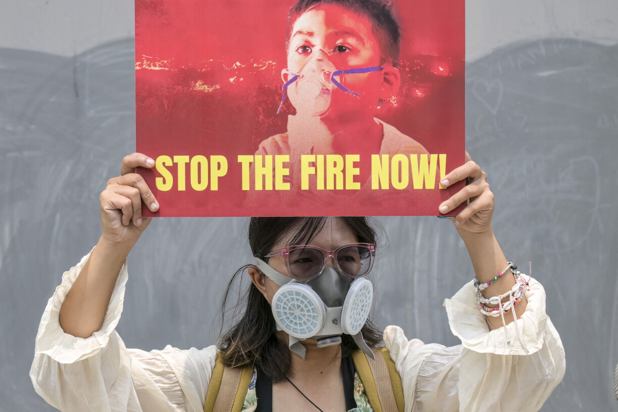 (FILES) A demonstrator wearing a gas mask holds a protest placard outside China's embassy to demand an audit of supply chains linked to Indonesian forest fires, in Jakarta on October 22, 2026.