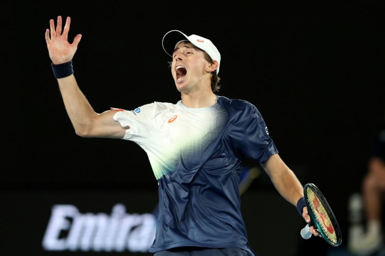 Australia's Alex De Minaur celebrates beating Dutchman Botic van de Zandschulp at the Australian Open