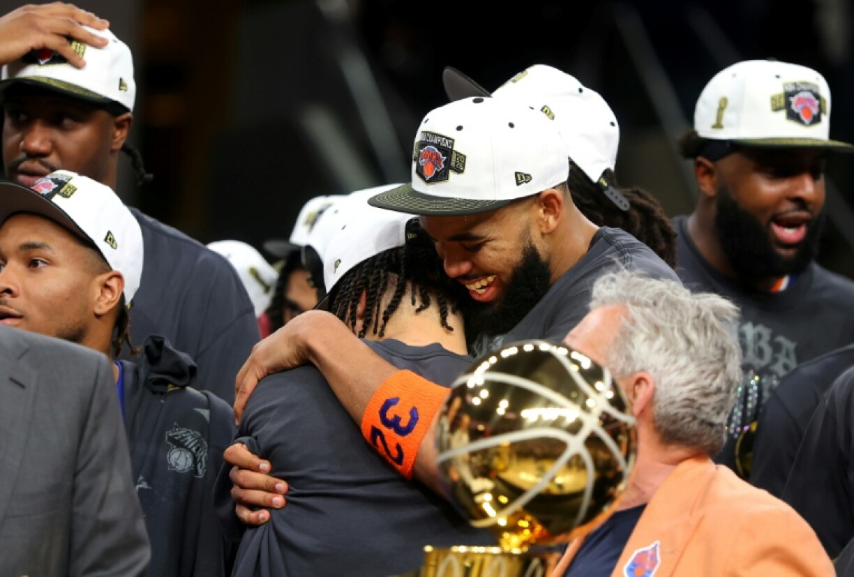 One more time? Jalen Brunson and Karl-Anthony Towns of the New York Knicks celebrate after beating the San Antonio Spurs in the 20926 NBA Finals