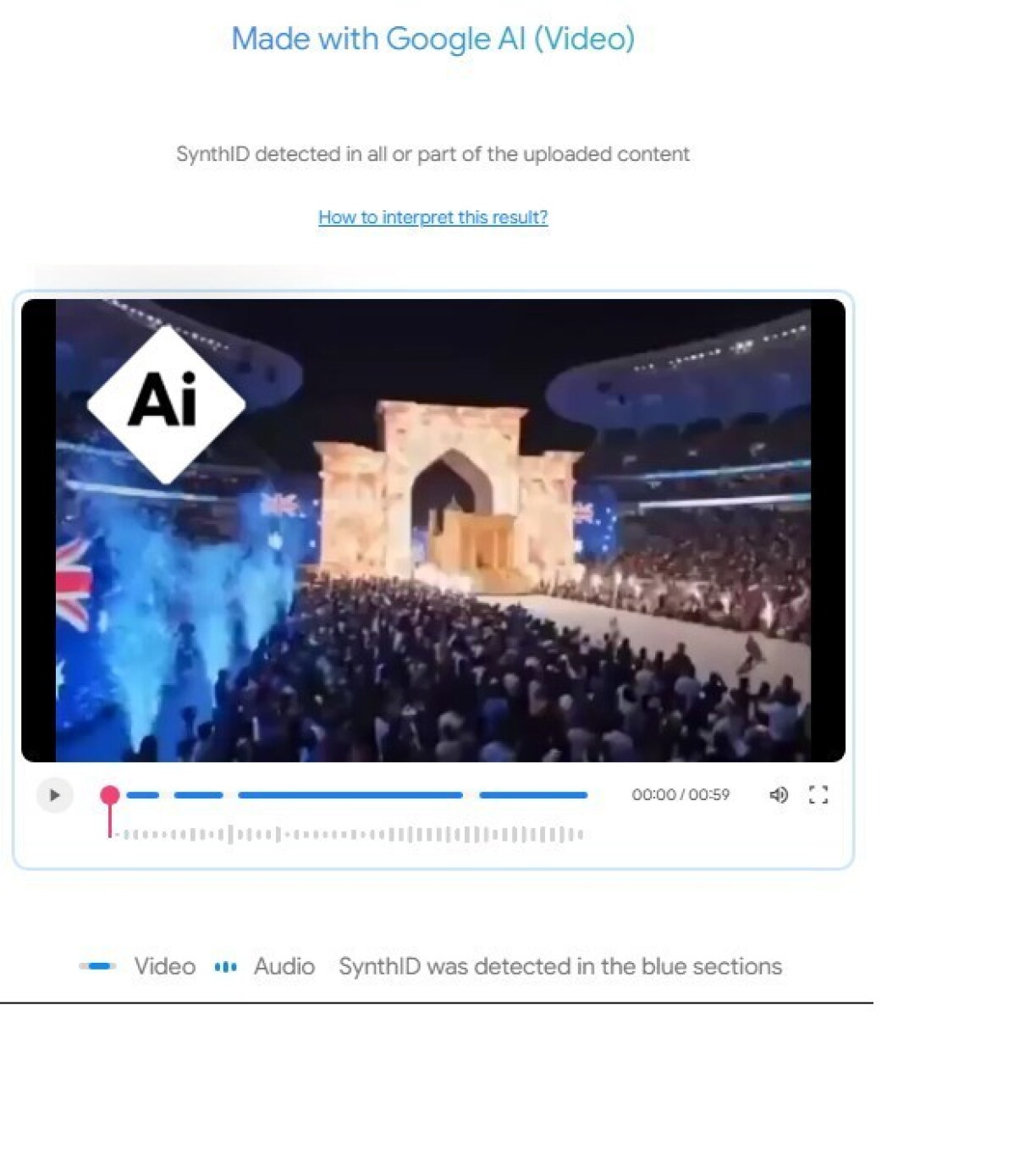 Screenshot of results from Google's SynthID tool and AI tag added by AFP