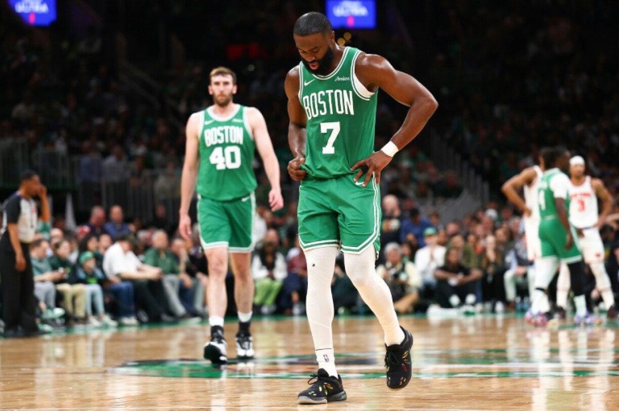 Jaylen Brown of the Boston Celtics reacts during the team's loss to the New York Knicks in game two of their NBA playoff series