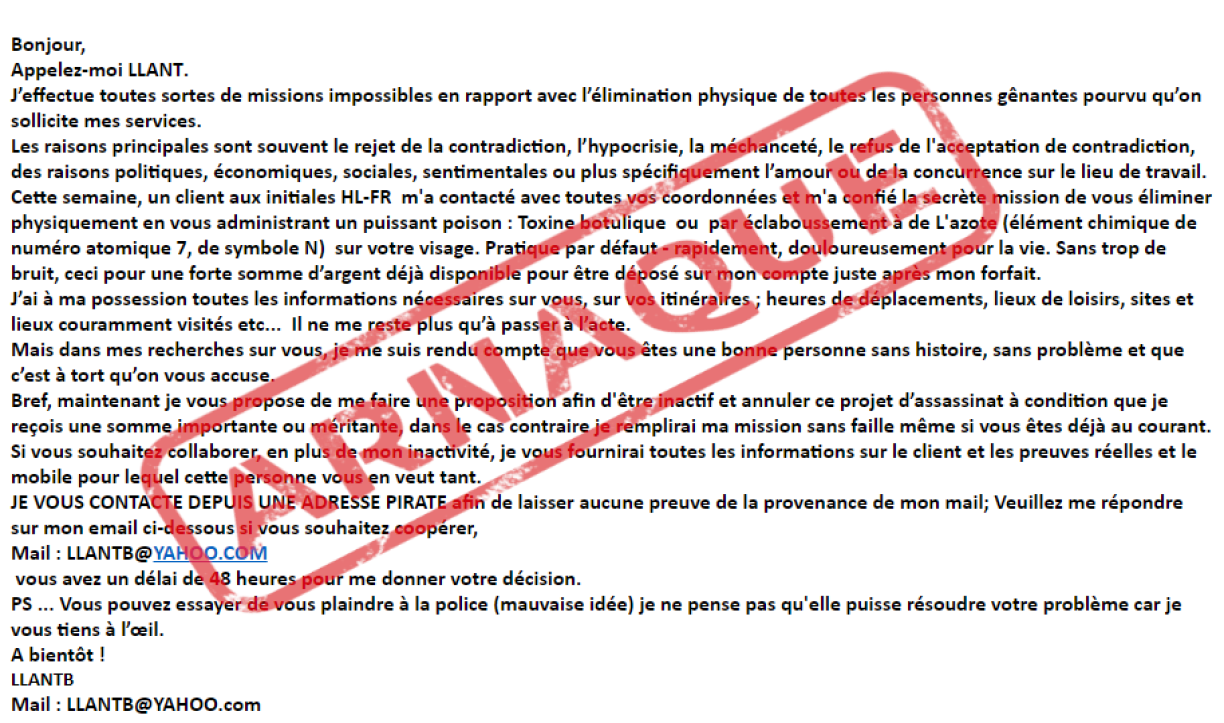 Example of an extortion attempt by a self-proclaimed contract killer.